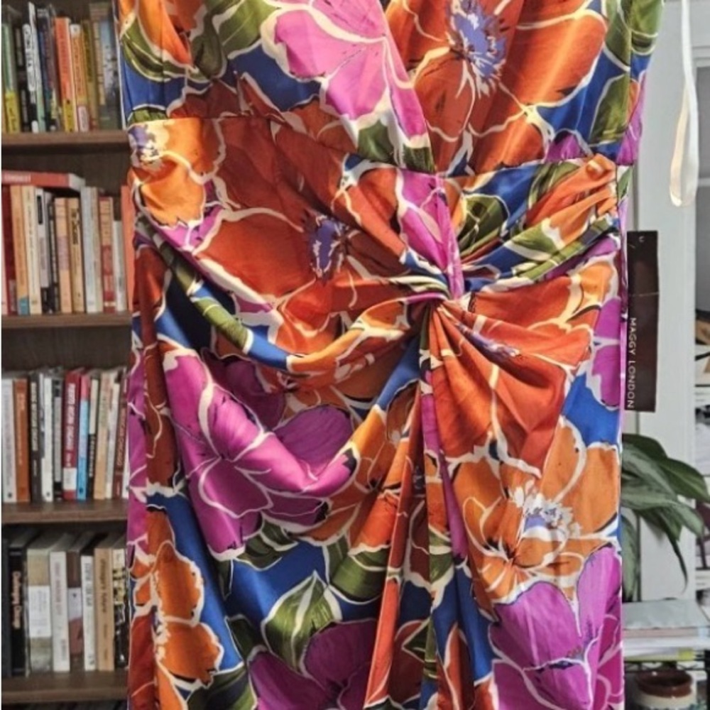 Maggy London Orange Pink Blue Floral Midi Dress with Twist Front